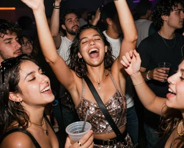 A lively crowd dancing under colorful lights at a Pwrhouse Entertainment music event.