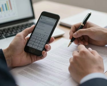 Close-up of hands reviewing tax documents with a calculator and laptop.