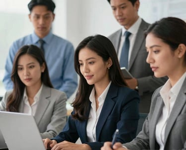 Professional team discussing financial documents in a modern office setting.