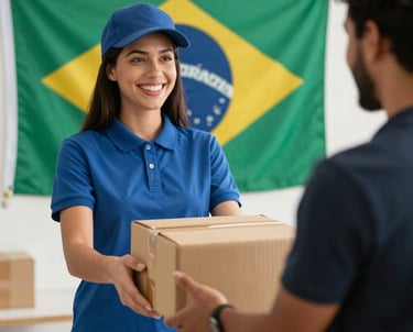 A friendly personal shopper helping a Brazilian customer select luxury products in a stylish American outlet store.
