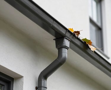 Close-up of a modern Bayside home's gutter being cleared of leaves and debris with a pressure cleaning hose.