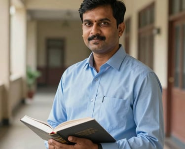 Portrait of a South Asian / Indian male teacher in a light blue formal shirt, holding a textbook, professional college hallway backdrop, soft natural light.