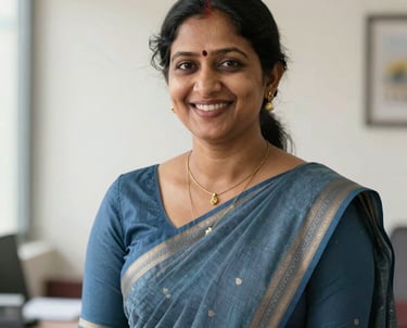 Portrait of a South Asian / Indian female educator in a professional saree, smiling in a brightly lit office setting, slate blue and off-white background.