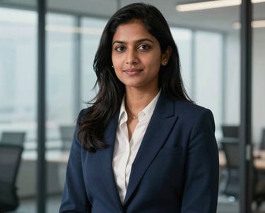 Portrait of a South Asian / Indian female professional in business attire, modern office setting with glass windows, midnight blue and slate blue tones.