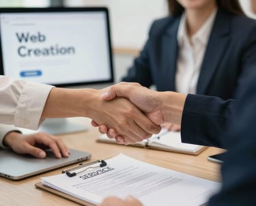 Un saludo de ambas partes contentos y una computadora con la palabra web creation de fondo