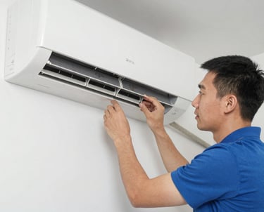 Technician fixing a split air conditioner unit in a cozy living room.