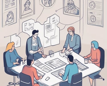 a man in a blue shirt is standing in front of a group of people