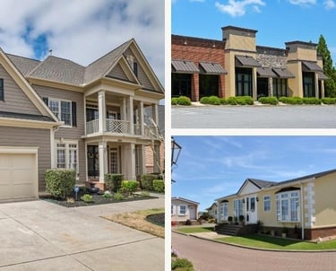 picture of a high end home, commercial building and a modest home