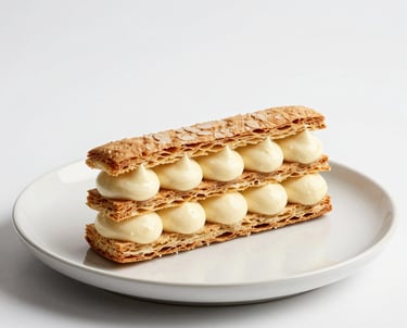 Studio food photography of a modern mille-feuille with layered puff pastry and bourbon vanilla bean cream, minimalist plate, white background, Western European / French style.