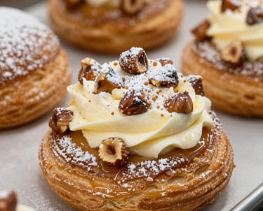 Close-up of a Paris-Brest pastry with thick hazelnut praline cream, powdered sugar dusting, artisanal look, warm bakery lighting, Western European / French.