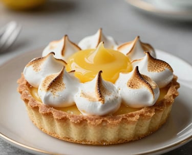 Macro shot of a lemon meringue tart with toasted peaks, bright yellow citrus curd, elegant ceramic plate, professional lighting, Western European / French.
