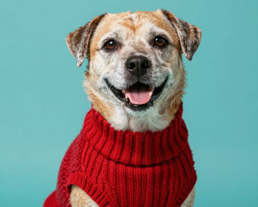 A happy senior mixed-breed dog wearing a cozy red knit sweater against a teal background.