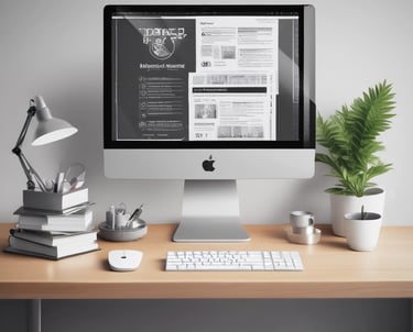 Modern Apple iMac workspace with a computer monitor, desk lamp, books, and a potted plant on a wooden desk.