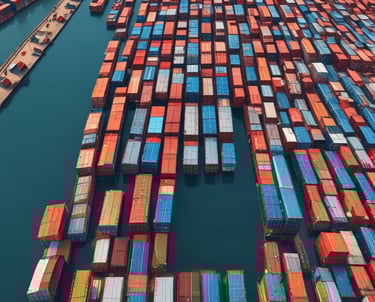 blue and red cargo containers near body of water during daytime