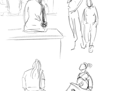 Very fast digital drawings of people on the street and in buildings