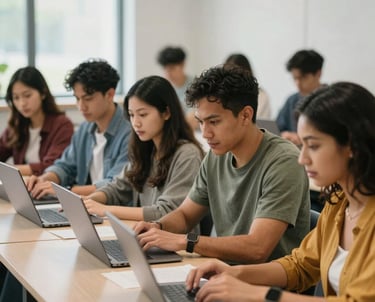 A diverse group of North American adult students in a bright, modern learning center using laptops and collaborating on a project, expressing focus and a sense of community.