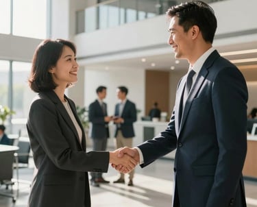 Two professionals in a modern North American office lobby shaking hands warmly during a networking event, surrounded by soft afternoon sunlight and clean architectural lines.
