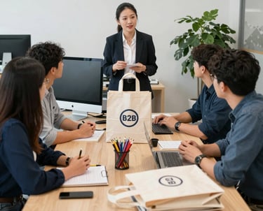 A professional businesswoman sending a message on her smartphone with textile samples on the desk