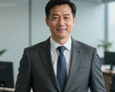 A professional portrait of a male advisor in a modern US office setting, wearing a sophisticated suit. The composition is clean, with light blue and grey tones in the background.