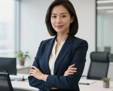 A professional headshot of a female strategist in a high-end corporate office in North America. The scene is bright and professional, with a minimalist aesthetic using white and steel blue.