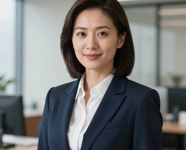 A professional headshot of a female executive in business formal attire, featuring a clean North American office background with soft lighting. The color palette focuses on dark blue and white.