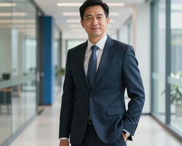 A professional portrait of a male executive in North American business formal attire, standing in a bright, modern corporate corridor. The lighting is soft and flattering, with a background of glass and steel blue accents.
