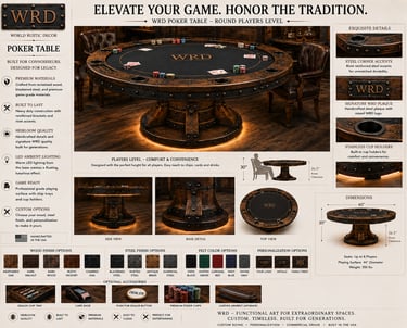 Custom round poker table made of reclaimed wood with industrial steel accents and LED lighting.