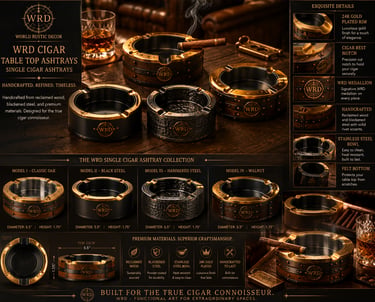 A collection of luxury WRD cigar ashtrays featuring handcrafted reclaimed wood, 24K gold plated rims, and stainless steel