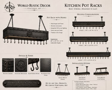World Rustic Decor industrial hanging kitchen pot rack with LED lighting and hand-forged steel hooks.