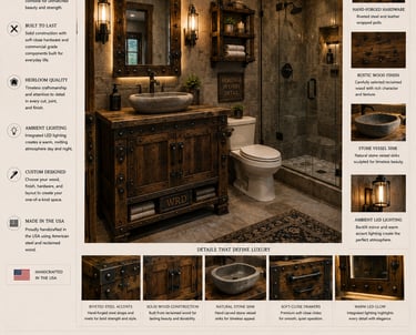 Custom rustic bathroom vanity with a natural stone vessel sink and ambient LED lighting.