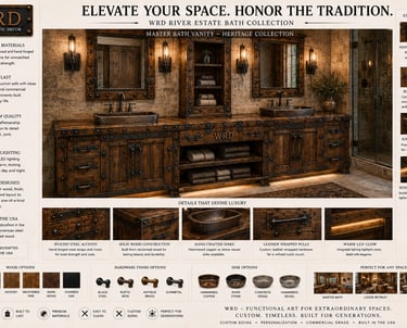 Custom double bathroom vanity from the World Rustic Decor Heritage Collection featuring reclaimed wood and hammered copper