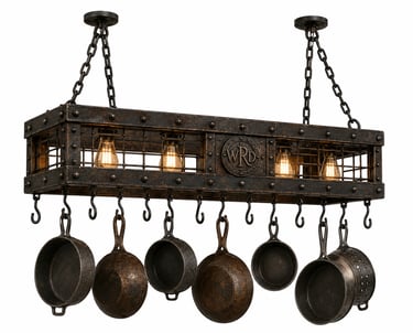 Industrial island light with hanging pot rack featuring Edison bulbs and rustic metal finish.