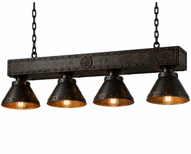 Industrial style 4-light linear chandelier with rustic bronze finish and cone metal shades.