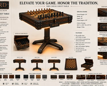 Luxury rustic wooden chess table with built-in storage, LED lighting, and metal accents for an elegant game room decor.