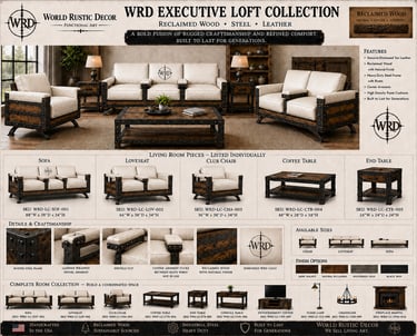 Executive Loft Collection featuring reclaimed wood and leather industrial sofa, loveseat, and coffee table set.
