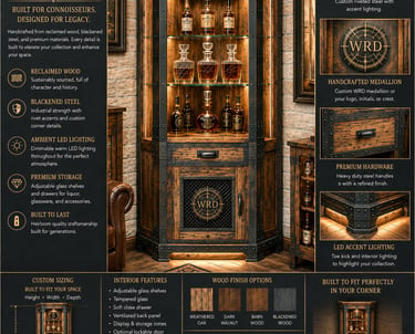 Rustic industrial corner liquor cabinet crafted from reclaimed wood and blackened steel with LED accent lighting.