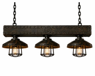Industrial 3-light beam pendant with cage shades and Edison bulbs for rustic island lighting.