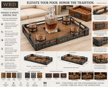 Rustic wood and steel whiskey serving tray featuring a glass decanter and four crystal glasses.