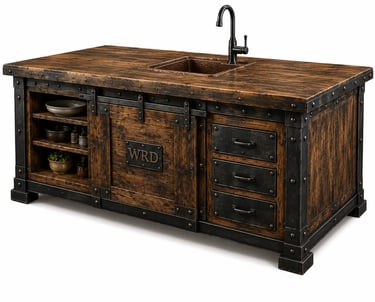 Rustic industrial kitchen island with reclaimed wood, copper sink, and black metal sliding barn door hardware.