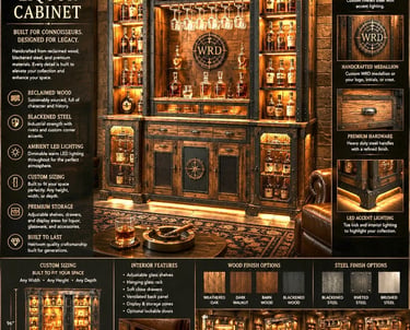 Handcrafted liquor cabinet made from reclaimed wood and blackened steel with ambient LED lighting for a luxury home bar.