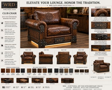 Vintage brown leather club chair with wood panels and steel accents from the WRD luxury furniture collection.