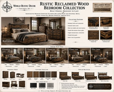 Rustic reclaimed wood bedroom furniture collection featuring industrial metal accents, barnwood bed frames, and matching