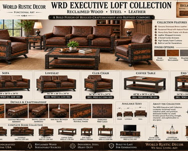 Executive Loft Collection featuring industrial reclaimed wood furniture with riveted steel and brown leather upholstery.