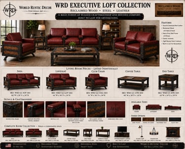 Executive Loft Collection featuring red leather rustic furniture made of reclaimed wood and steel with industrial rivets.