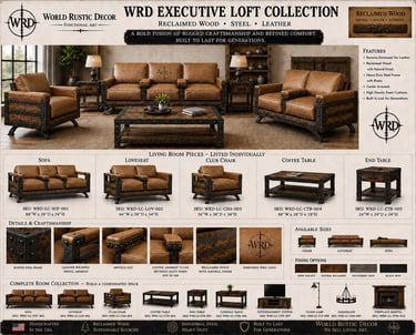 World Rustic Decor WRD Executive Loft Collection featuring reclaimed wood and leather industrial furniture.