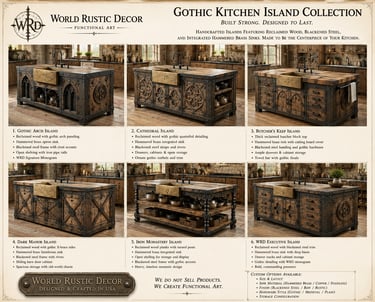 A collection of Gothic kitchen islands featuring reclaimed wood, hammered brass sinks, and blackened steel accents.
