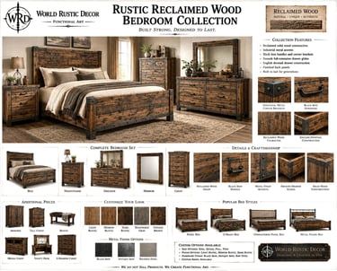 Rustic reclaimed wood bedroom furniture collection featuring a farmhouse style bed frame, dresser, and nightstand with