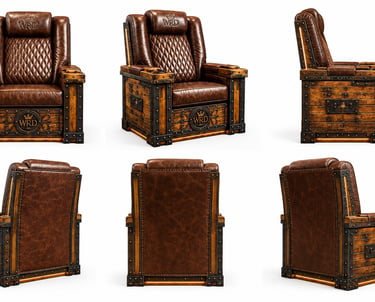 Six views of a luxury steampunk recliner featuring quilted brown leather and industrial wood accents.
