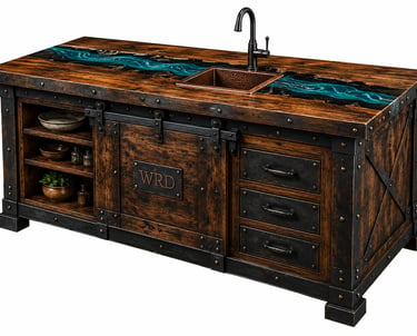 Rustic industrial kitchen island with epoxy river wood countertop and copper sink.
