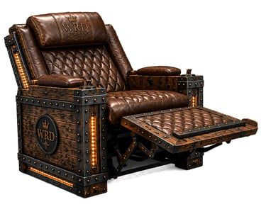 Luxury rustic steampunk recliner chair with brown tufted leather and industrial wood accents.